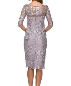 La Femme - Sheer Neckline And Sleeves Floral Lace Sheath Knee-Length Dress 27895SC - 1 Pc Lavender/Gray In Size 10 Available