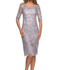 La Femme - Sheer Neckline And Sleeves Floral Lace Sheath Knee-Length Dress 27895SC - 1 Pc Lavender/Gray In Size 10 Available