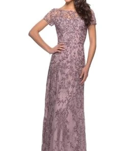 La Femme - Short Sleeve Embellished Bateau Sheath Dress 27956SC - 2 Pcs Dusty Lilac In Sizes 4 And 12 Available