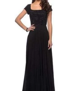 La Femme - Short Sleeve Embellished Square Neck Chiffon Dress 26512SC - 1 Pc Black In Size 12 Available