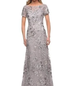 Formal Gowns La Femme - Short Sleeve Embroidered A-line Gown 29281SC - 1 Pc Silver In Size 10 Available
