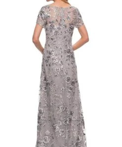 Formal Gowns La Femme - Short Sleeve Embroidered A-line Gown 29281SC - 1 Pc Silver In Size 10 Available