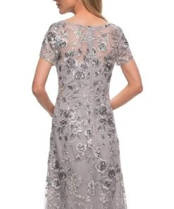 Formal Gowns La Femme - Short Sleeve Embroidered A-line Gown 29281SC - 1 Pc Silver In Size 10 Available