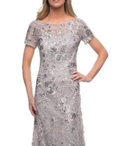 Formal Gowns La Femme - Short Sleeve Embroidered A-line Gown 29281SC - 1 Pc Silver In Size 10 Available