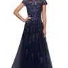 Formal Gowns La Femme - Short Sleeves Lace Tulle Evening Gown 26907SC - 1 Pc Navy In Size 16 Available 1 Formal Gowns La Femme - Short Sleeves Lace Tulle Evening Gown 26907SC - 1 Pc Navy In Size 16 Available