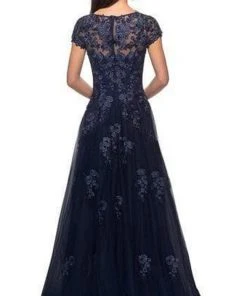 Formal Gowns La Femme - Short Sleeves Lace Tulle Evening Gown 26907SC - 1 Pc Navy In Size 16 Available
