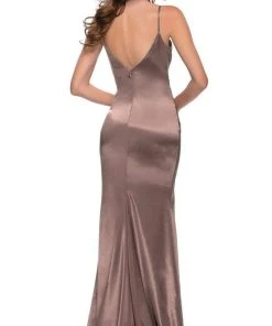 La Femme - Sleeveless V-Neck Fitted Satin Long Dress 29960SC - 1 Pc Nude In Size 4 Available Formal Gowns