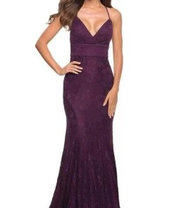 Formal Gowns La Femme - Strappy Back Lace Prom Gown 30442SC - 1 Pc Dark Berry In Size 4 Available