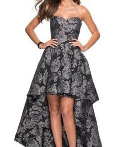 Formal Gowns La Femme - Sweetheart Jacquard High Low Dress 27468SC - 1 Pc Black/Silver In Size 2 Available
