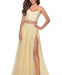 Formal Gowns La Femme - Two Piece Floral Adorned Tulle A-line Gown 2871SC - 1 Pc Pale Yellow In Size 4 Available