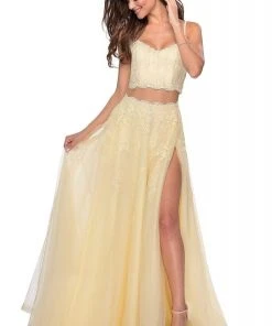 Formal Gowns La Femme - Two Piece Floral Adorned Tulle A-line Gown 2871SC - 1 Pc Pale Yellow In Size 4 Available 7 Formal Gowns La Femme - Two Piece Floral Adorned Tulle A-line Gown 2871SC - 1 Pc Pale Yellow In Size 4 Available
