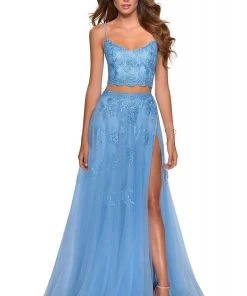 Formal Gowns La Femme - Two Piece Floral Adorned Tulle A-line Gown 2871SC - 1 Pc Pale Yellow In Size 4 Available 8 Formal Gowns La Femme - Two Piece Floral Adorned Tulle A-line Gown 2871SC - 1 Pc Pale Yellow In Size 4 Available