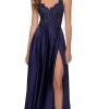 La Femme - V Neck A-Line Dress With Slit 29760SC - 1 Pc Navy In Size 6 Available Formal Gowns