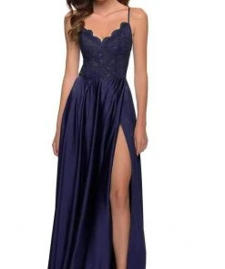 La Femme - V Neck A-Line Dress With Slit 29760SC - 1 Pc Navy In Size 6 Available Formal Gowns