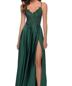 La Femme - V Neck A-Line Dress With Slit 29760SC - 1 Pc Navy In Size 6 Available Formal Gowns