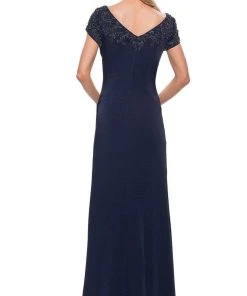 La Femme - V-Neck Fitted Evening Dress 28321SC - 1 Pc Navy In Size 12 Available Formal Gowns