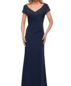 La Femme - V-Neck Fitted Evening Dress 28321SC - 1 Pc Navy In Size 12 Available Formal Gowns