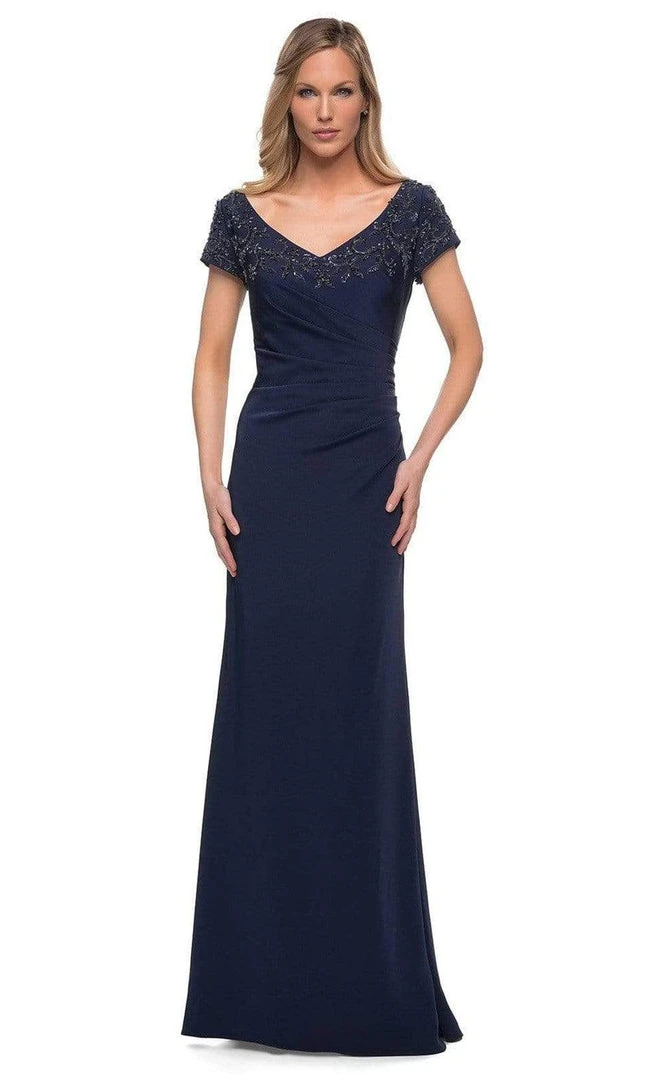 La Femme - V-Neck Fitted Evening Dress 28321SC - 1 Pc Navy In Size 12 Available Formal Gowns 3 La Femme - V-Neck Fitted Evening Dress 28321SC - 1 Pc Navy In Size 12 Available Formal Gowns