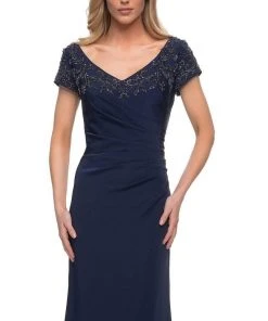 La Femme - V-Neck Fitted Evening Dress 28321SC - 1 Pc Navy In Size 12 Available Formal Gowns 8 La Femme - V-Neck Fitted Evening Dress 28321SC - 1 Pc Navy In Size 12 Available Formal Gowns