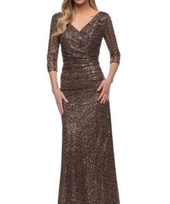 La Femme - V-Neck Sequin Formal Dress 29195SC - 1 Pc Bronze In Size 8 Available Formal Gowns