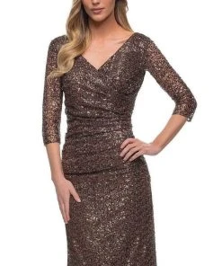 La Femme - V-Neck Sequin Formal Dress 29195SC - 1 Pc Bronze In Size 8 Available Formal Gowns 8 La Femme - V-Neck Sequin Formal Dress 29195SC - 1 Pc Bronze In Size 8 Available Formal Gowns