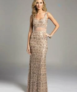 Lara Dresses - 33026 Bedazzled V-neck Sheer Overlay Long Sheath Gown