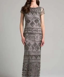 Lara Dresses - 33037 Geometric Short Sleeves Sheath Long Dress Formal Gowns