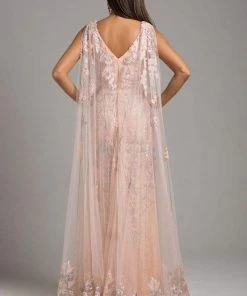 Formal Gowns Lara Dresses - Embellished V-neck Sheath Dress With Cape 29969 - 2 Pcs Blush In Size 12 And 14 Available