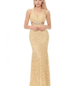 Lenovia - 5170 Lace Plunging V-Neck Evening Dress