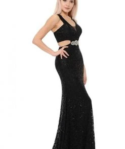 Lenovia - 5170 Lace Plunging V-Neck Evening Dress