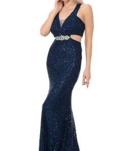 Lenovia - 5170 Lace Plunging V-Neck Evening Dress