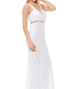 Lenovia - 5170 Lace Plunging V-Neck Evening Dress