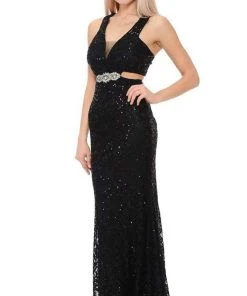 Lenovia - 5170 Lace Plunging V-Neck Evening Dress