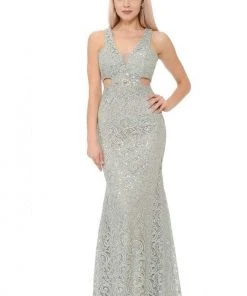 Lenovia - 5170 Lace Plunging V-Neck Evening Dress