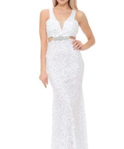 Lenovia - 5170 Lace Plunging V-Neck Evening Dress