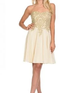 Lenovia - 8110 Gold Embroidered Strapless Cocktail Dress 11 Lenovia - 8110 Gold Embroidered Strapless Cocktail Dress