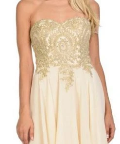 Lenovia - 8110 Gold Embroidered Strapless Cocktail Dress 14 Lenovia - 8110 Gold Embroidered Strapless Cocktail Dress