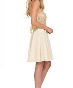 Lenovia - 8110 Gold Embroidered Strapless Cocktail Dress 12 Lenovia - 8110 Gold Embroidered Strapless Cocktail Dress