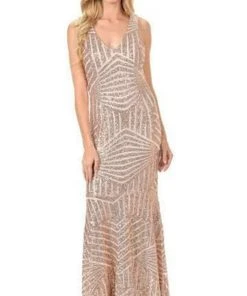 Formal Gowns Lenovia - Sleeveless V-Back Sequin Mermaid Gown 5150 - 1 Pc Nude/Gold In Size S Available