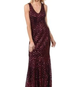 Formal Gowns Lenovia - Sleeveless V-Back Sequin Mermaid Gown 5150 - 1 Pc Nude/Gold In Size S Available