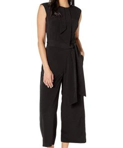 Plus Size Dresses London Times - T3561MXD Sleeveless Tie-Waist Cropped Leg Jumpsuit