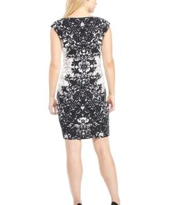 London Times - T3756M Printed Bateau Cocktail Dress Cocktail Dresses