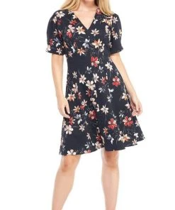London Times - T3783M Floral Short Sleeve Fit And Flare Jacquard Dress
