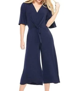 London Times - T3820M Short Sleeve V-Neck Solid Jersey Jumpsuit Cocktail Dresses
