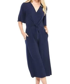London Times - T3820M Short Sleeve V-Neck Solid Jersey Jumpsuit Cocktail Dresses
