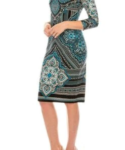 London Times - T3863P Quarter Sleeve Jewel Neck Damask Print Dress Cocktail Dresses