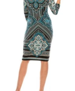 London Times - T3863P Quarter Sleeve Jewel Neck Damask Print Dress Cocktail Dresses