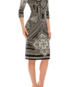 London Times - T3863P Quarter Sleeve Jewel Neck Damask Print Dress Cocktail Dresses