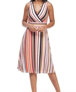 London Times - T4380M Striped Sleeveless Surplice V Neck A-Line Dress