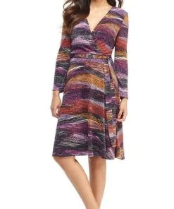 London Times - T4685M Long Sleeves Printed Wrap Dress
